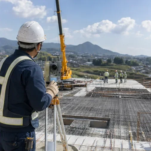 土木工事現場で測量する施工管理者のイメージ