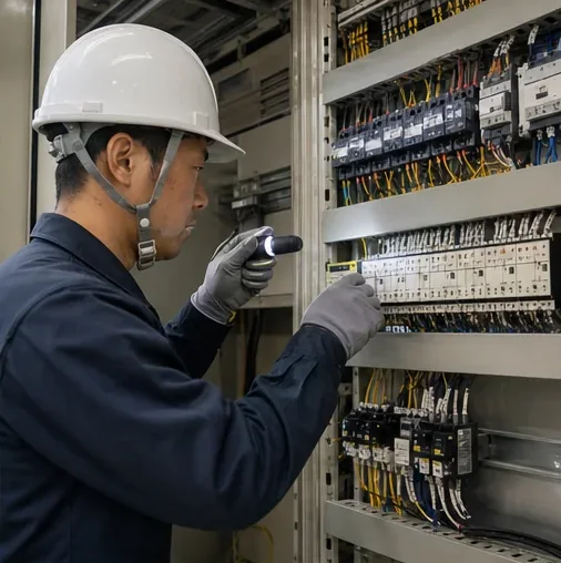 商業施設の配電盤を点検する電気技術者のイメージ