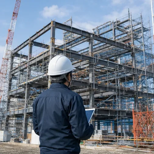 鉄骨建築現場と施工管理者のイメージ