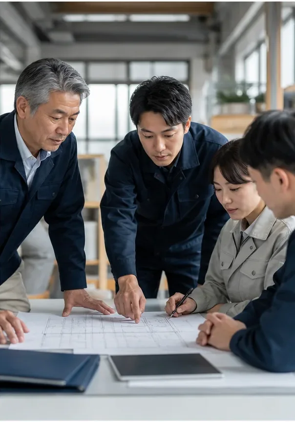 建設会社の経営者と次世代の管理者が図面を確認するイメージ