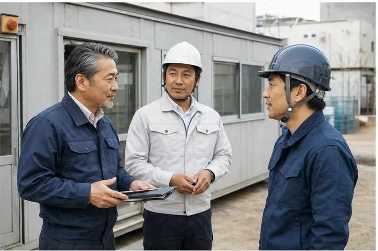 建設会社の経営者と現場関係者が承継を相談するイメージ