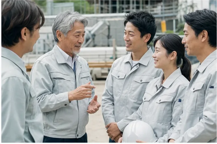 建設会社の技術者と職人が現場で話し合うイメージ
