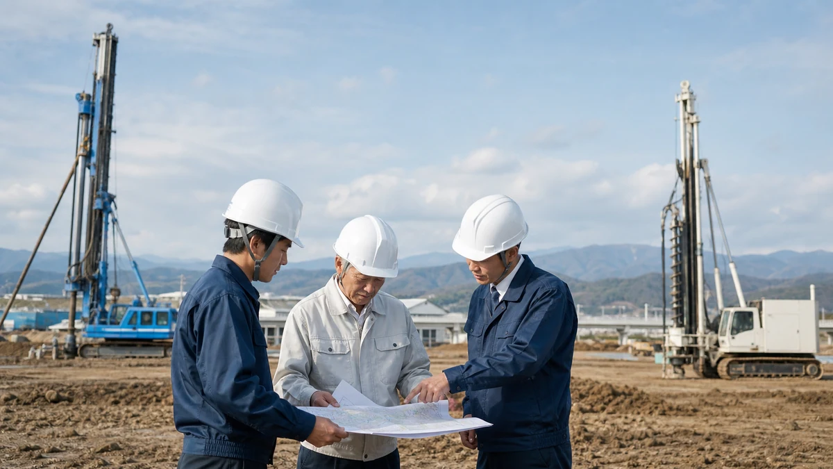 テノックス 大三島物産 M&A事例を象徴する静岡東部の基礎工事現場と地域地盤知の承継イメージ