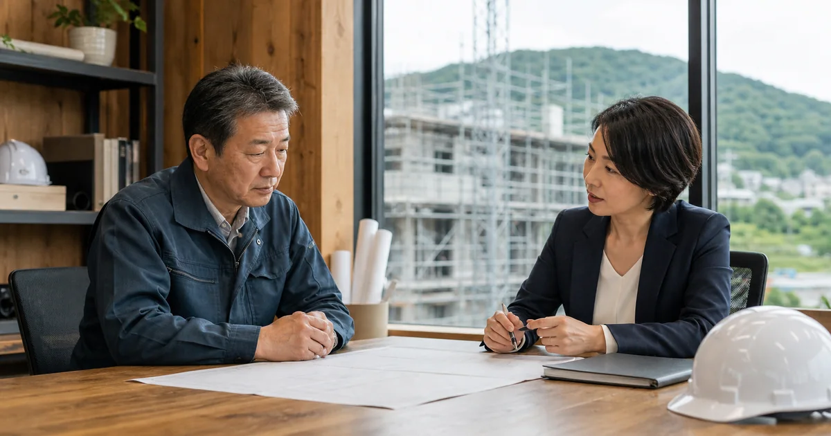 建設会社の経営者とM&A担当者が現場事務所で承継条件を確認するイメージ