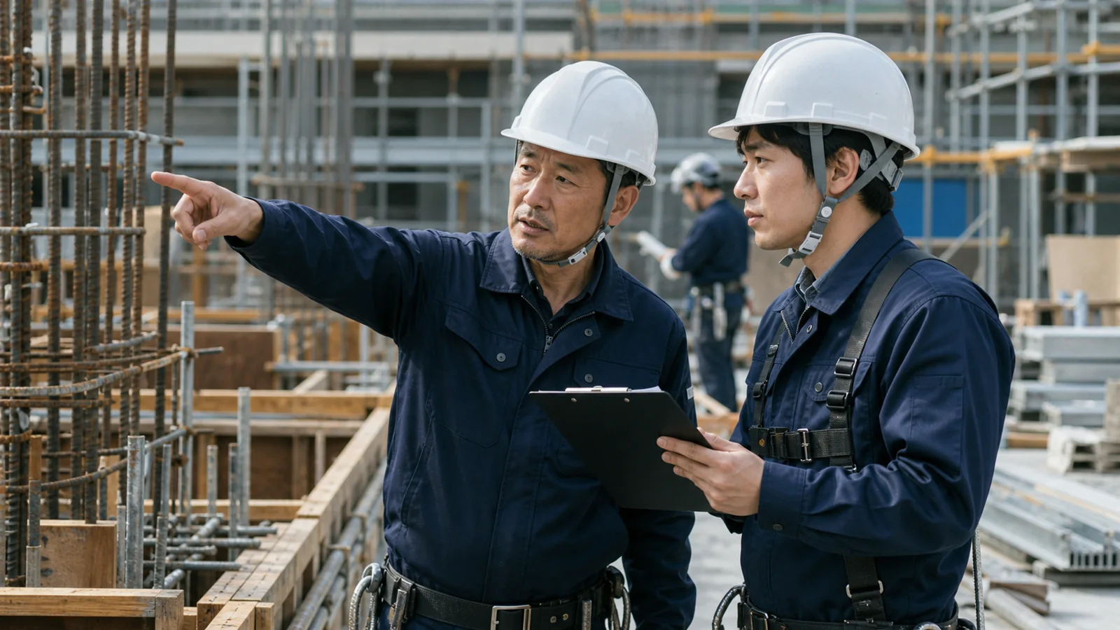 建設現場で経験を共有する熟練技術者と次世代の施工管理者のイメージ